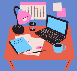 An illustration of an overhead view of a desk with a laptop, lamp, mug of coffee, and notebook. 