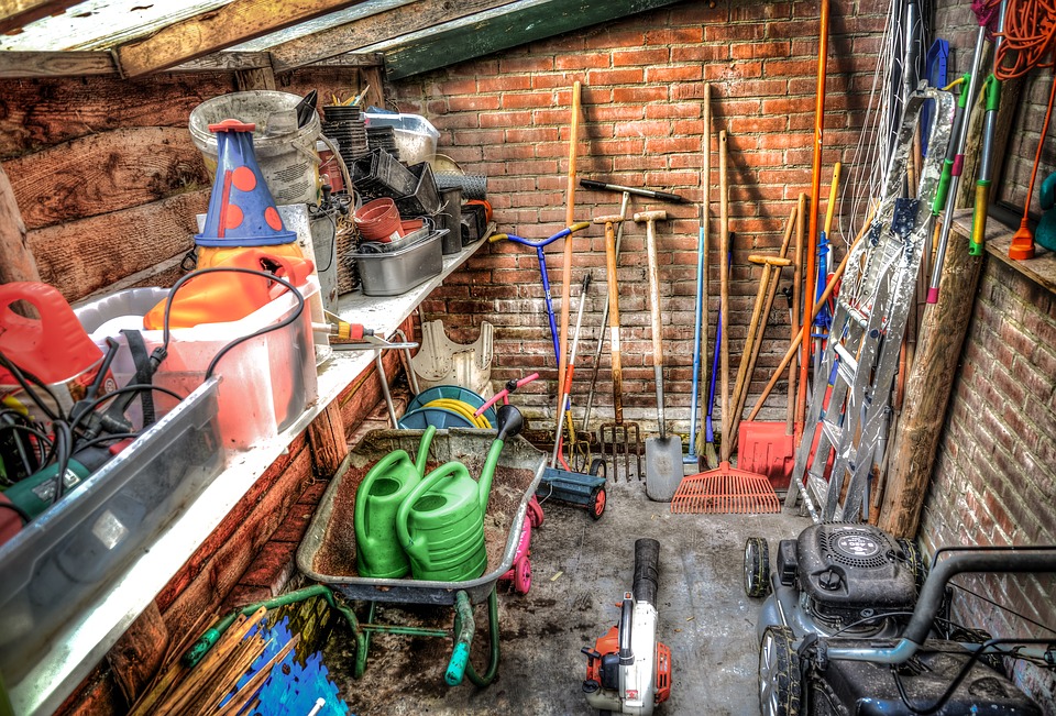 A picture of tools in a tool shed.