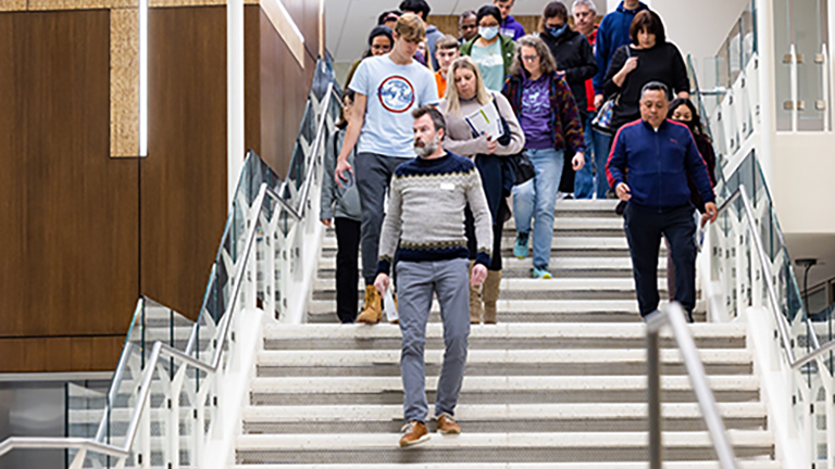 tour guide walking with students