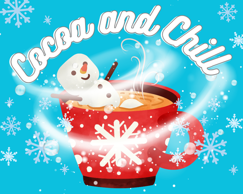 Graphic of a marshmellow snowman in a bog of hot cocoa surrounded by snowstorm swirl