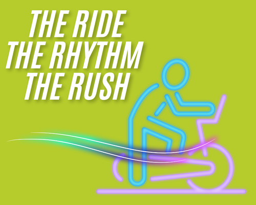 Graphic of a neon person on an indoor cycle with a neon wave coming from front wheel