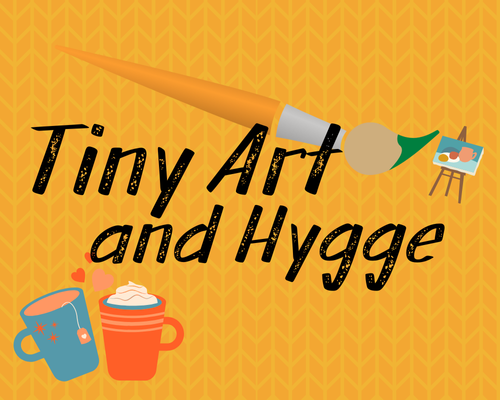 Graphic of a large paintbrush, a tiny easel, and mugs of hot beverages