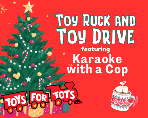 Graphic of Toys for Tots logo of toy train cars, a Christmas tree, and mug of hot cocoa