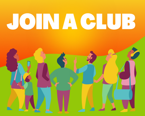 Join a Club text with graphic of people looking at text