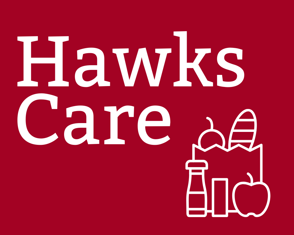 Hawks Care text with graphic of bag of groceries