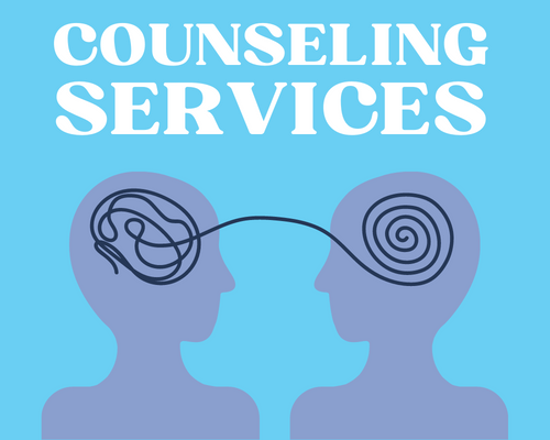 Counseling Services text with graphic of two silhouettes of heads connected by untangling string