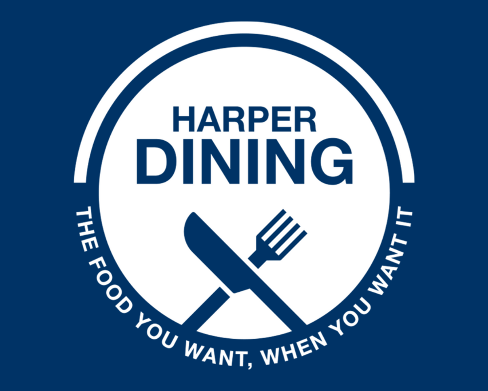 Harper Dining logo of text in a plate with a crossed fork and knife on plate