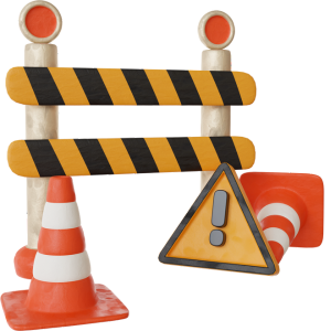 Graphic of construction warning sign with explaination mark, baracade, and cones