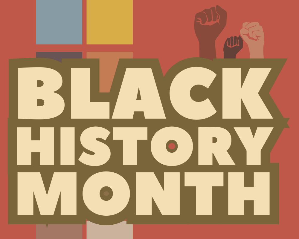 Black History Month text with graphic of three fists in air