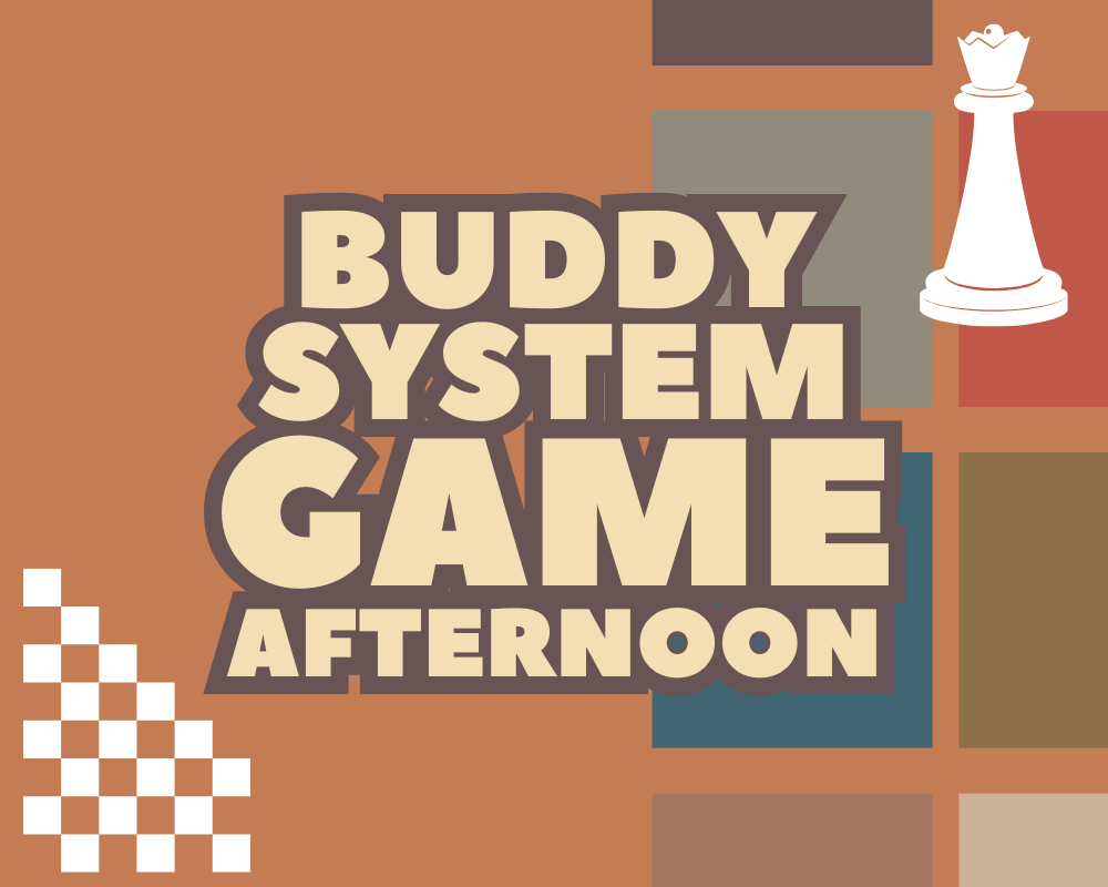 Buddy Game Afternoon with graphics of a checkerboard and chess piece