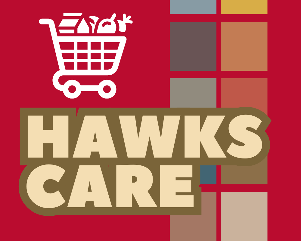 Hawks Care with graphic of a shopping cart filled with groceries