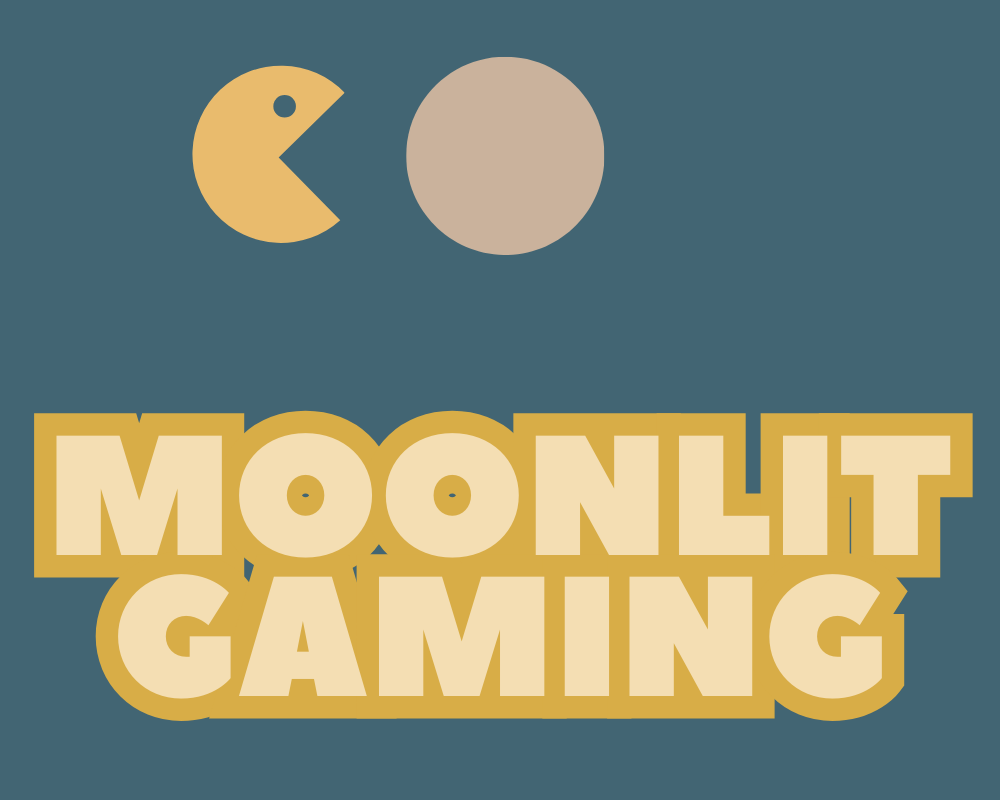 Moonlit Gaming with graphic of a Pacman image heading toward larher plain circle