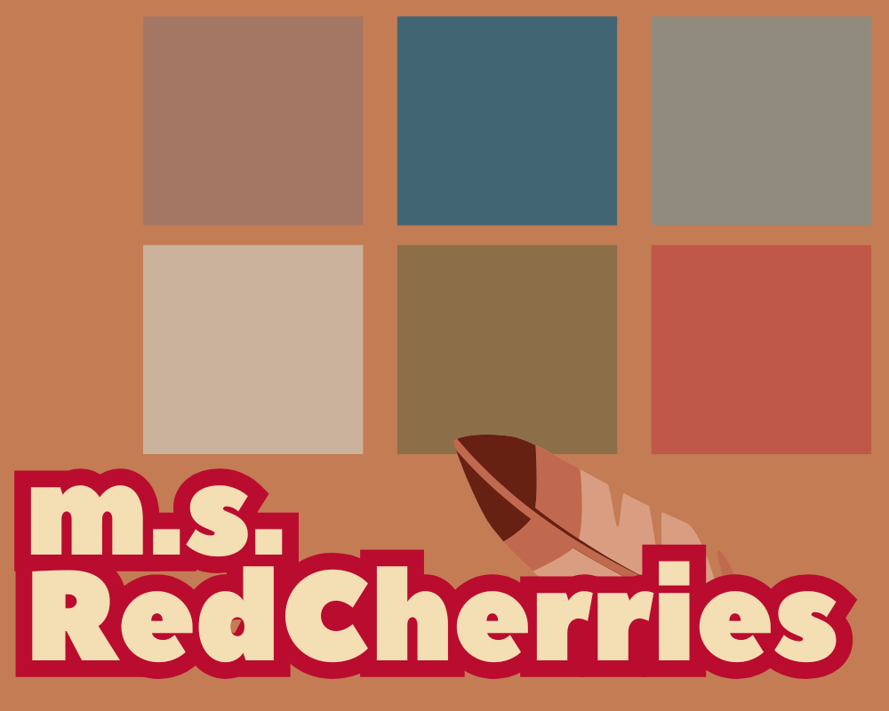 m.s. Red Cherries with graphic of a feather