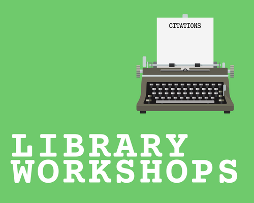 Library Workshops text with graphic of a manual typewriter and sheet of paper with "Citations" text typed at top