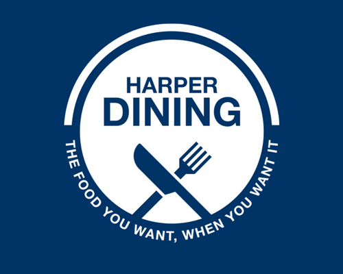 Harper Dining logo of Harper Dining text on a circle with graphics of knife and fork