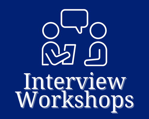 Interview Workshops text with outline silhouette of two people talking