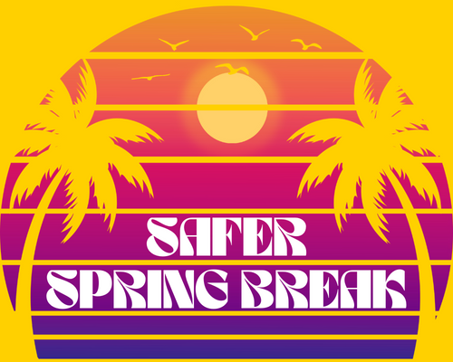 Safer Spring Break text with graphics of sunset and two palm trees