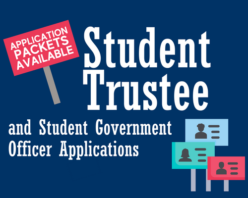 Student Trustee and Stident Government Officer Applications text and graphics of campaign signs