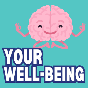 Cartoon image of a smiling brain in yoga pose