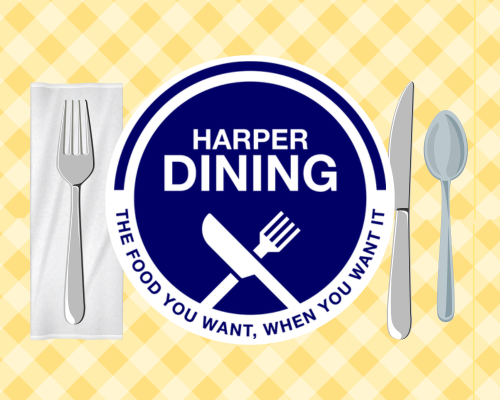 Graphic of napkin, fork, plate, knofe, and spoon