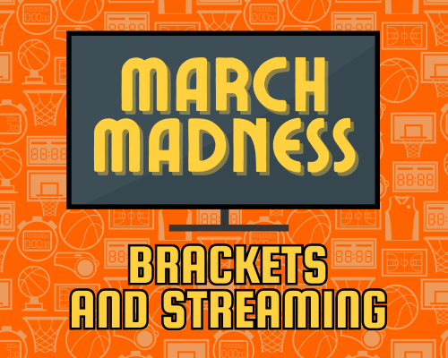 "March Madness" text with on flat screen television with pattern background of basketball images