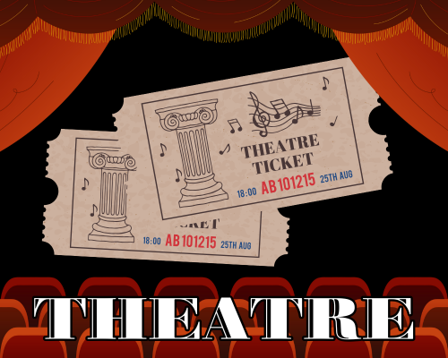 Graphic of theatre tickets, curtain, and audience