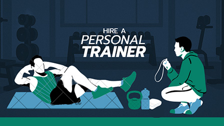 Illustration of a person doing crunches on a mat with a personal training timing them