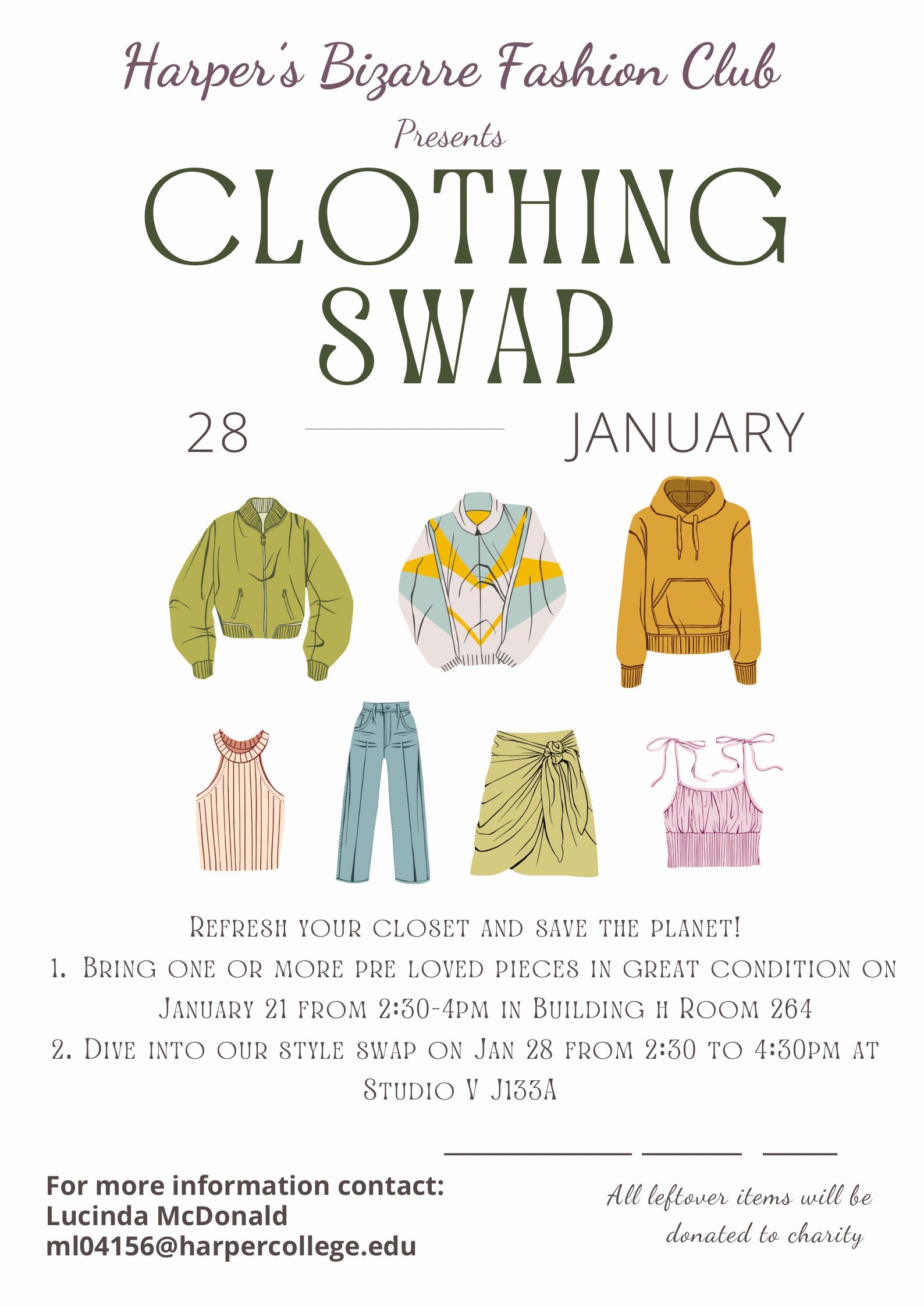 a promotional poster for the Clothing Swap event where people will exchange their pre-loved clothes for new ones from others